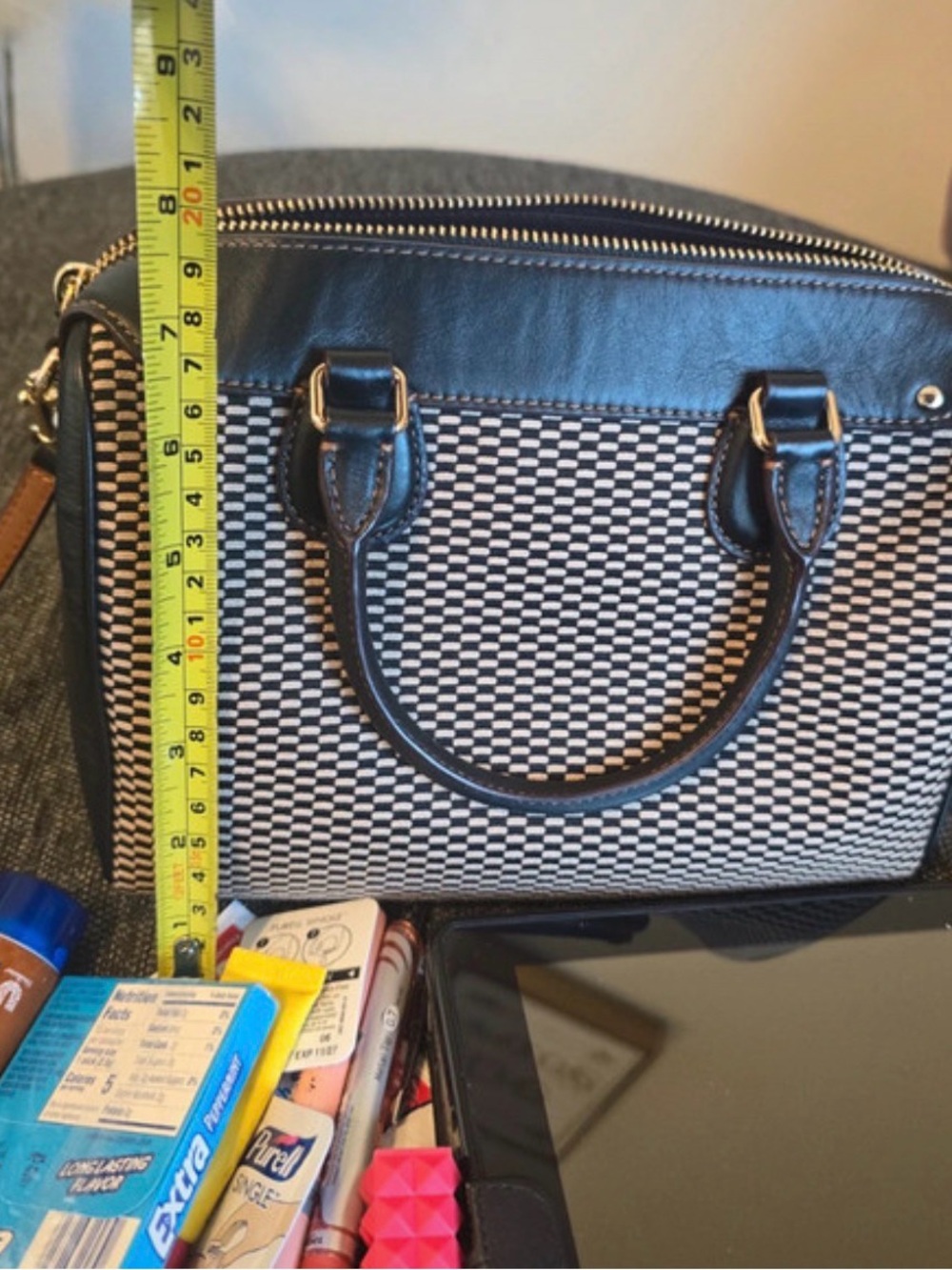 Coach Black and White Checkered Satchel with Brown Leather Trim - Picture 8 of 8